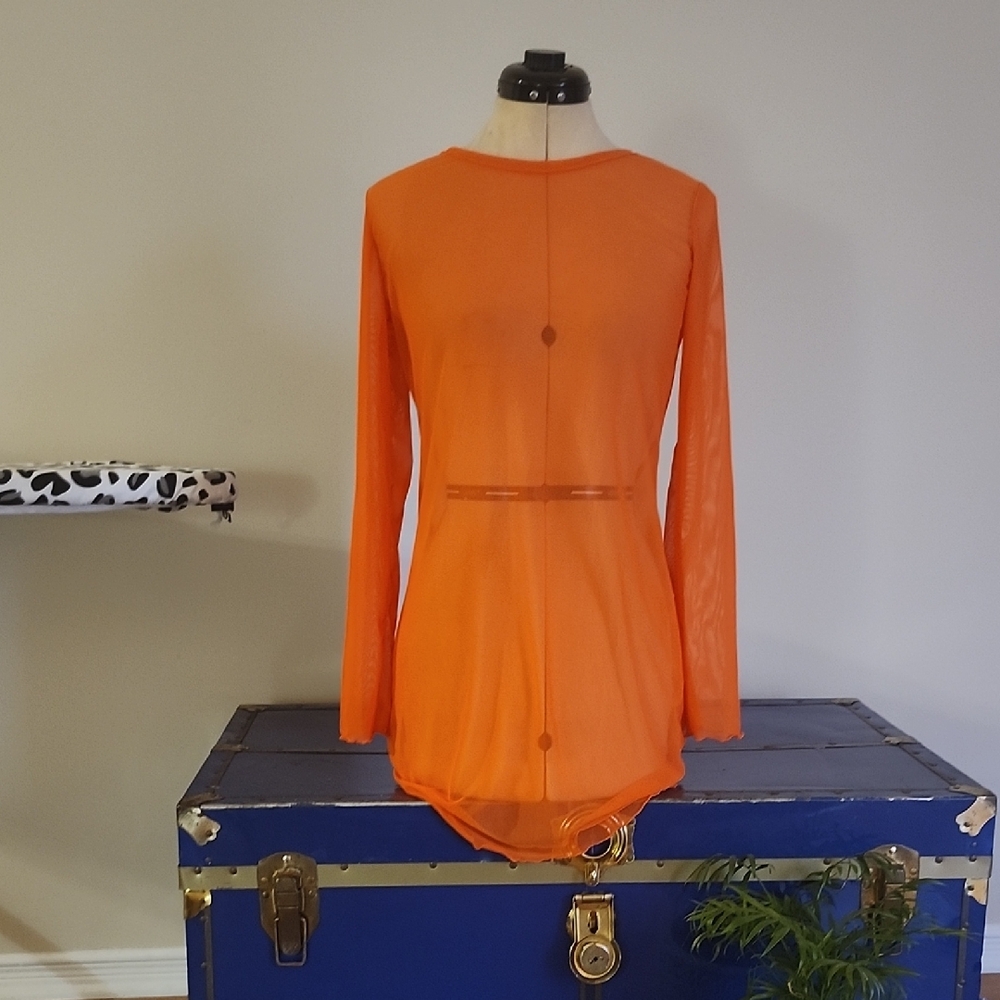 Vibrant Orange Sheer Long Sleeve Swim Coverup